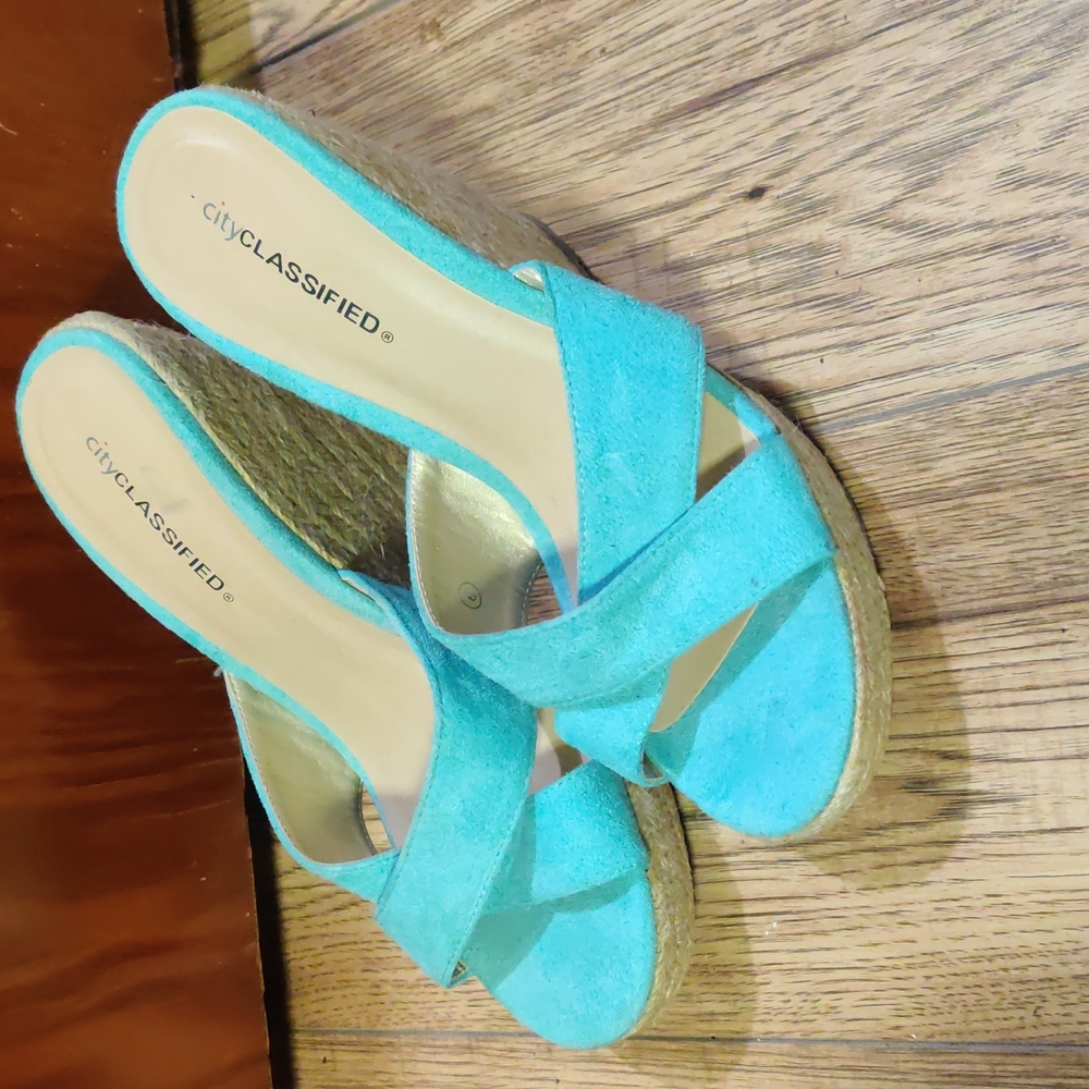 Brand new teal and cork wedge sandals